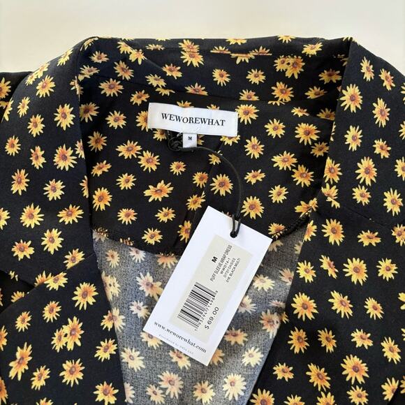 We Wore What Black Ditsy Daisy Yellow Floral Puff Sleeve Wrap Mini Dress Medium - Picture 3 of 7
